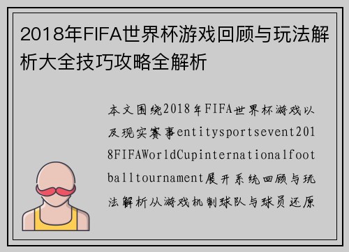 2018年FIFA世界杯游戏回顾与玩法解析大全技巧攻略全解析